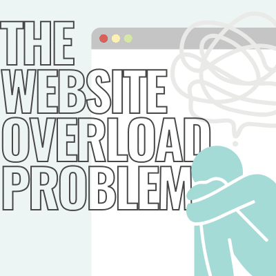 Graphic with text the website overload problem on it with an icon of a person sitting with knees pulled in, representing website overload issues