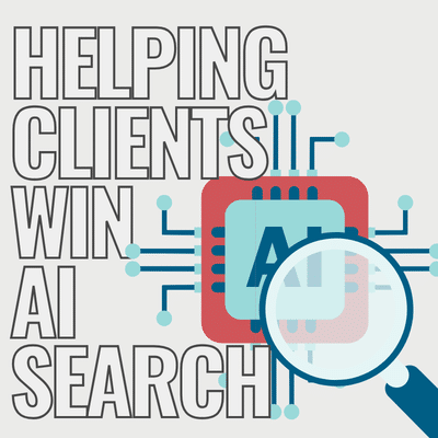 Illustration of magnifying glass over ai with text helping clients win ai search